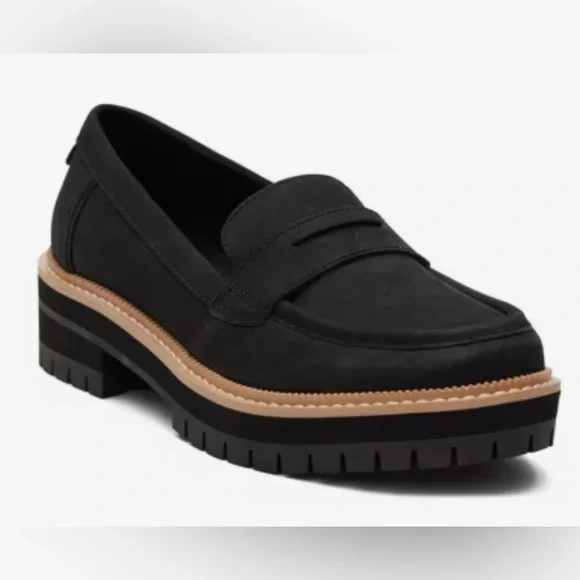 TOMS Cara Penny Loafer Lug Sole Black Leather Platform Slip On Comfy Women’s 10 - Picture 1 of 13